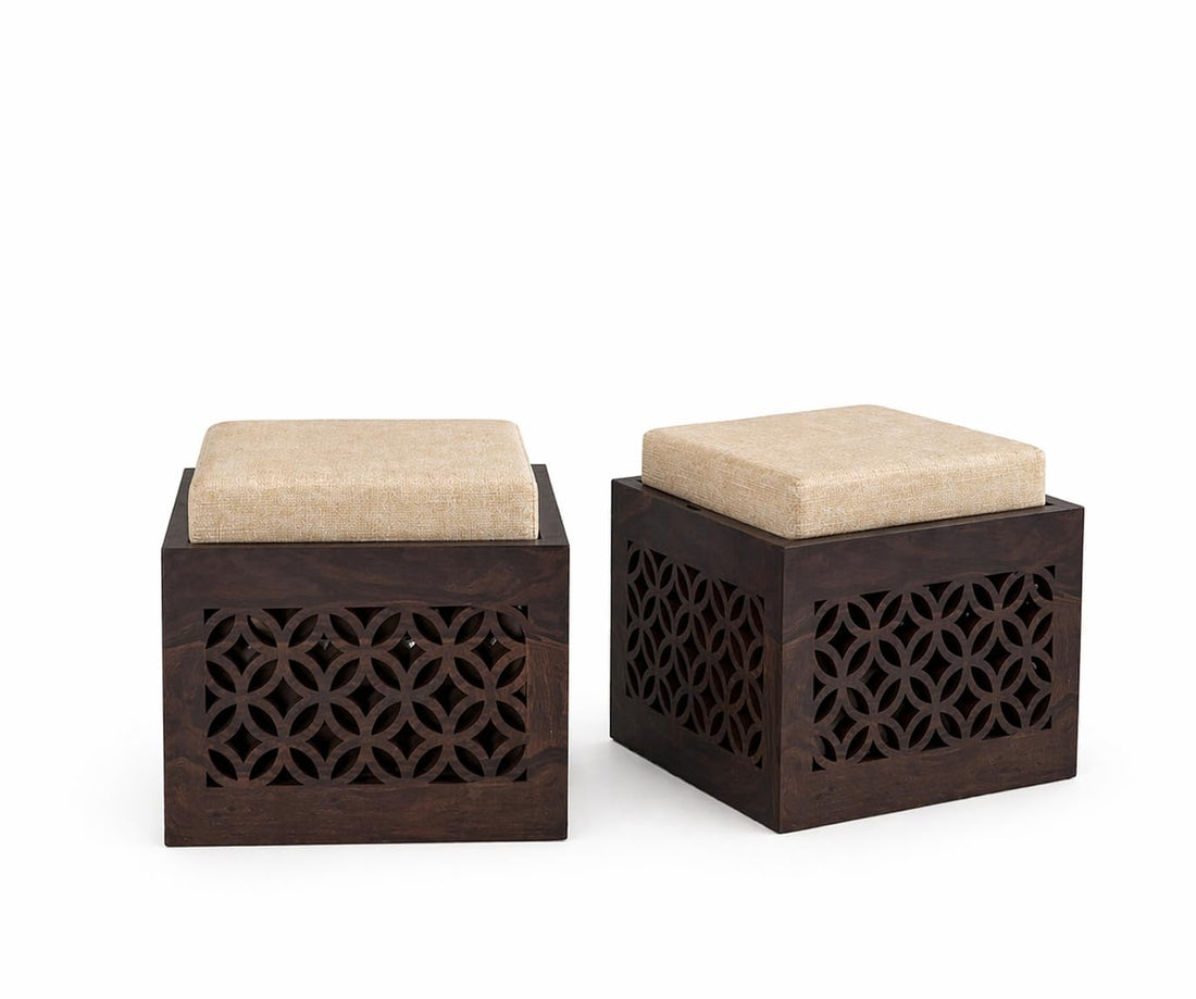 Dark Walnut Sheesham Wood Carved Storage Ottoman Stool Set of 2 with Cushioned Seat for Living Room and Bedroom