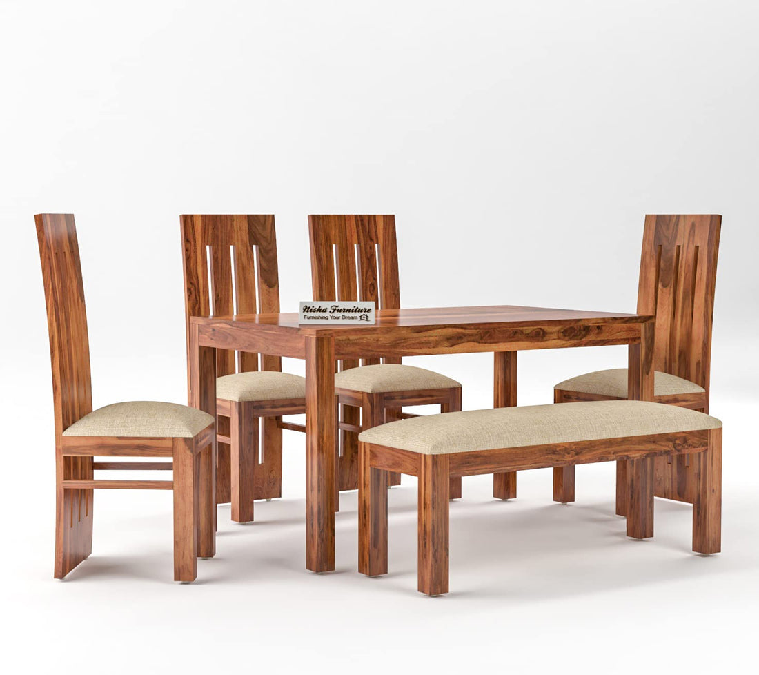 Solid Sheesham Wood 6 Seater Dining Table Set with Upholstered Bench