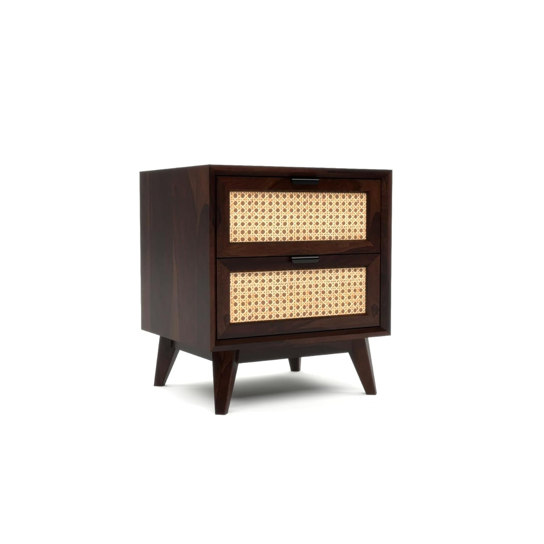 Solid Sheesham Wood Cane Bedside Table | Walnut Finish Wooden Nightstand with Storage