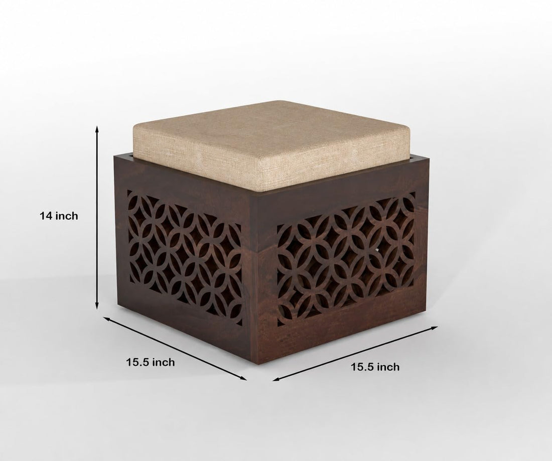 Dark Walnut Sheesham Wood Carved Storage Ottoman Stool Set of 2 with Cushioned Seat for Living Room and Bedroom
