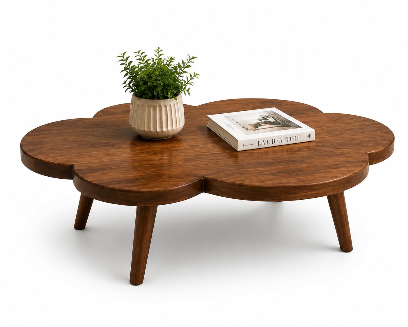 Solid Sheesham Wood Flower Shape Coffee Table – Modern Wooden Center Table for Living Room
