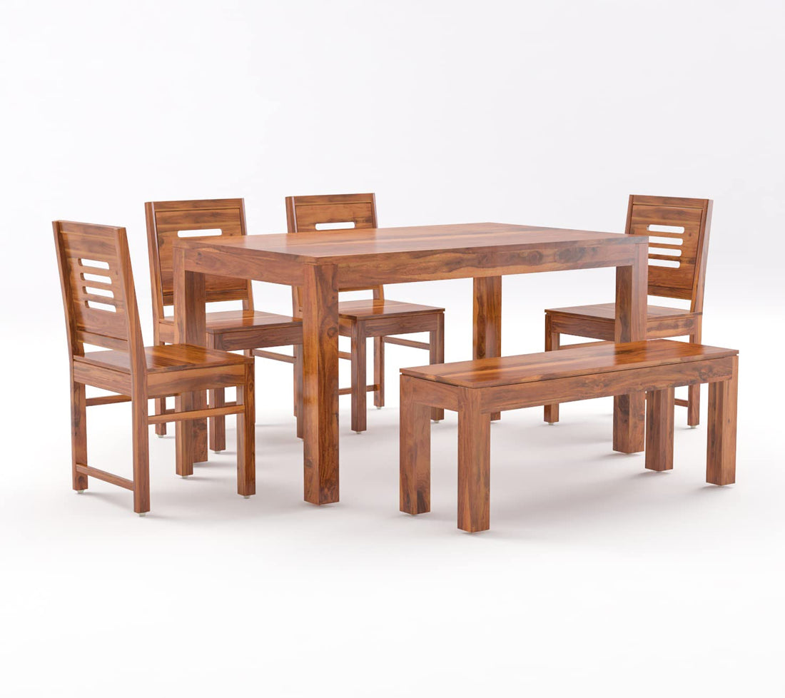 Solid Sheesham Wood 6 Seater Dining Table Set with Bench & Chairs