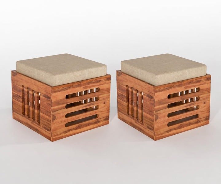 Sheesham Wood Storage Ottoman Stool Set of 2 with Cushioned Seat for Living Room and Bedroom