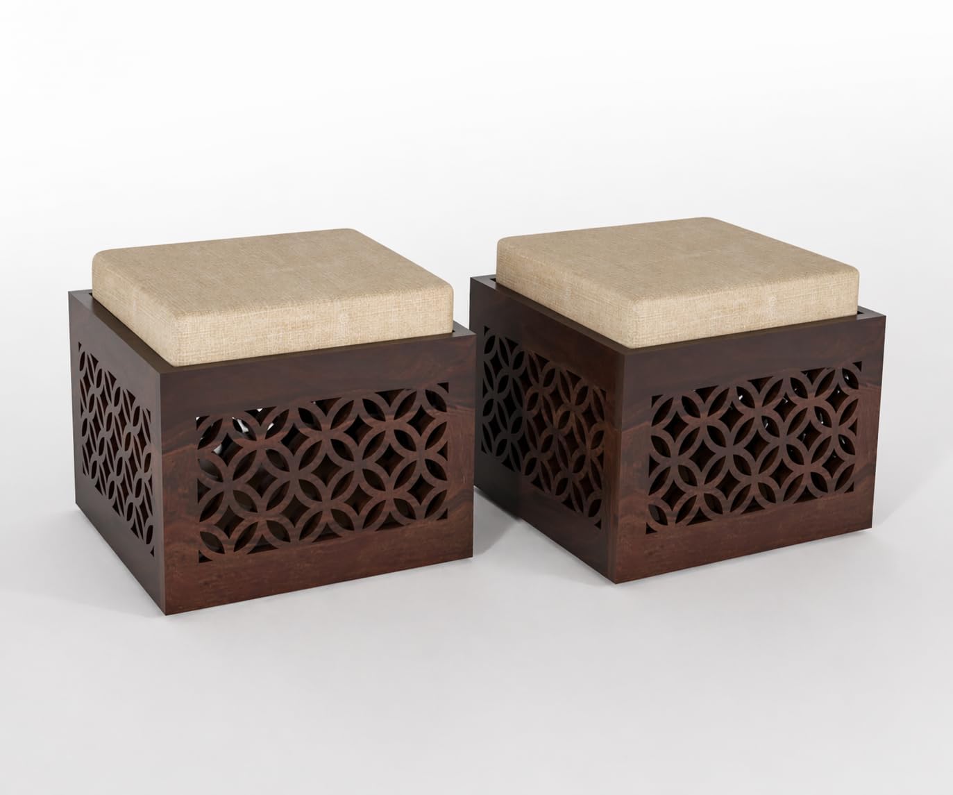 Dark Walnut Sheesham Wood Carved Storage Ottoman Stool Set of 2 with Cushioned Seat for Living Room and Bedroom