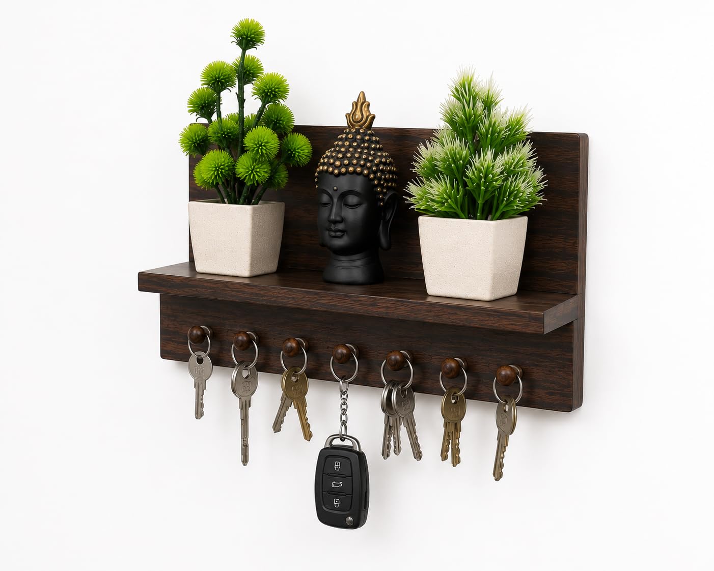 Wooden Wall Mounted Key Holder Shelf with Decorative Buddha & Plant Stand