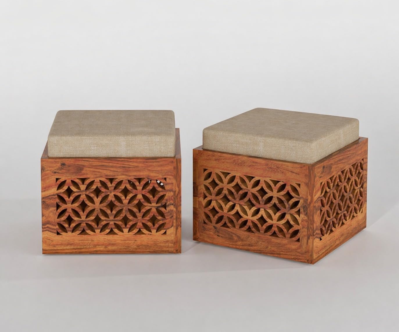 Sheesham Wood Carved Storage Ottoman Stool Set of 2 with Cushioned Seat for Living Room and Bedroom