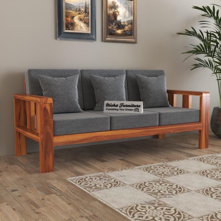 Modern 3 Seater Honey Finish Wooden Sofa with Grey Cushion | Solid Wood Living Room Sofa