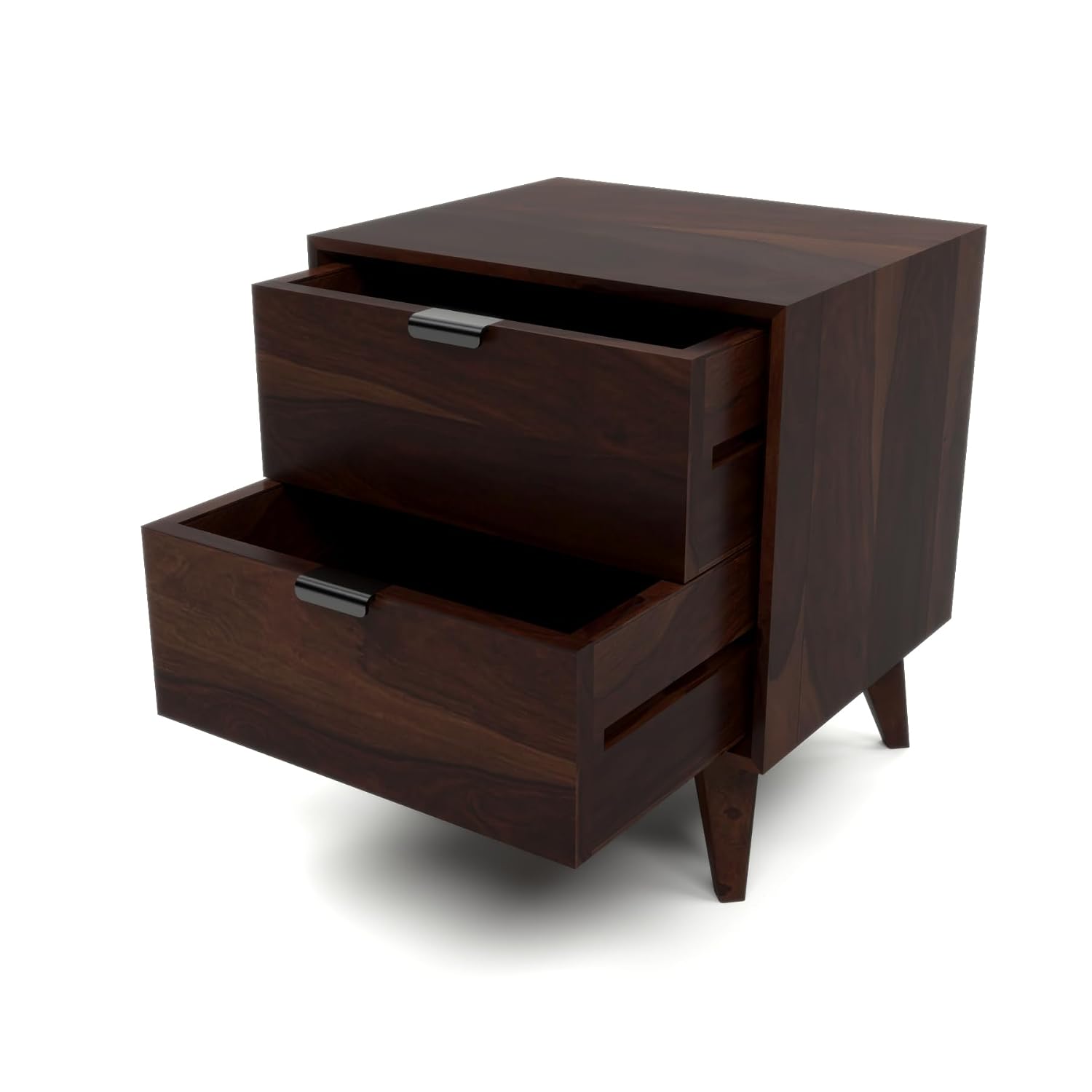 Solid Sheesham Wood Bedside Table | Walnut Finish Wooden Nightstand with 2 Drawers