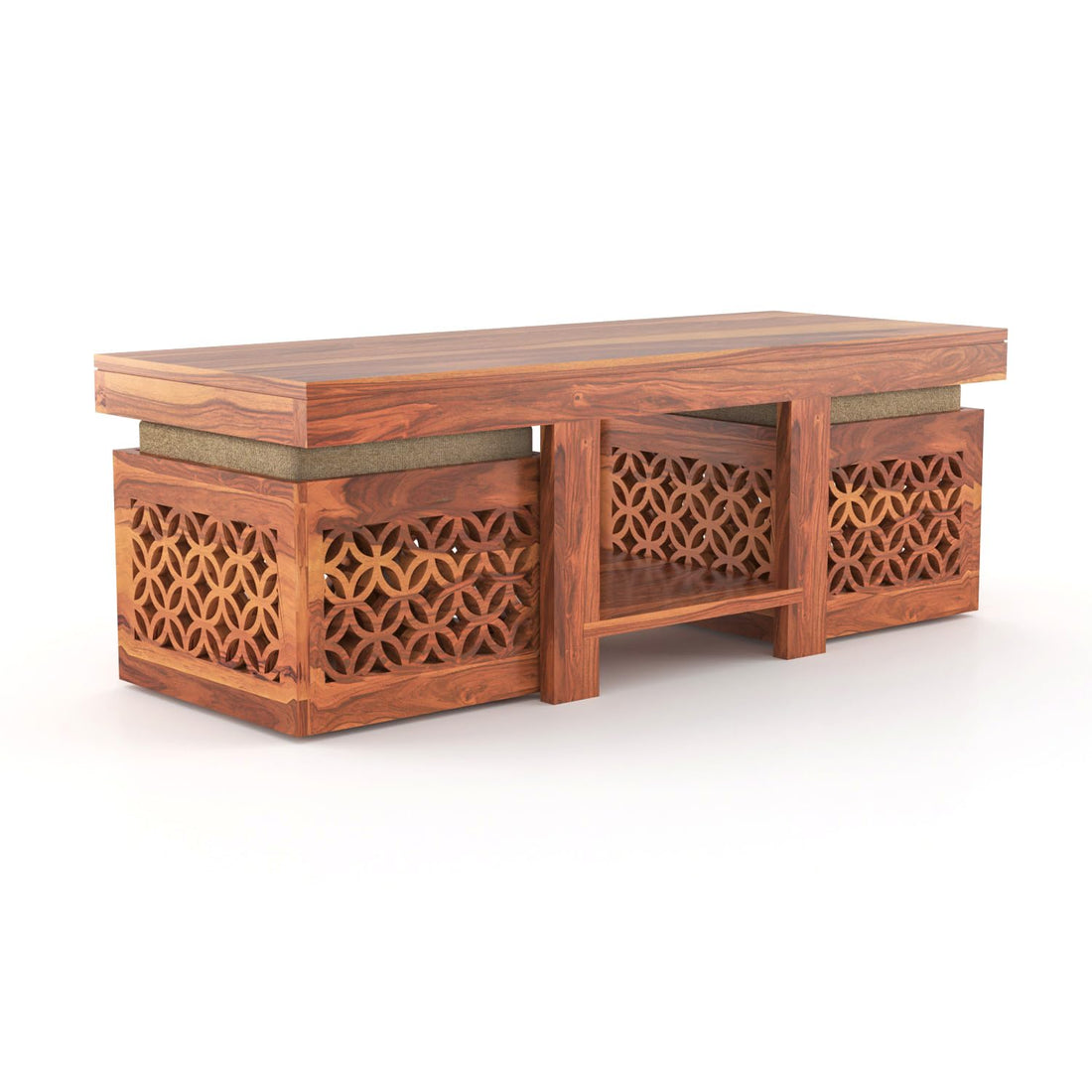 Nisha Furniture Sheesham Wood Coffee Table with 2 Cushioned Stools | Modern Living Room Center Table