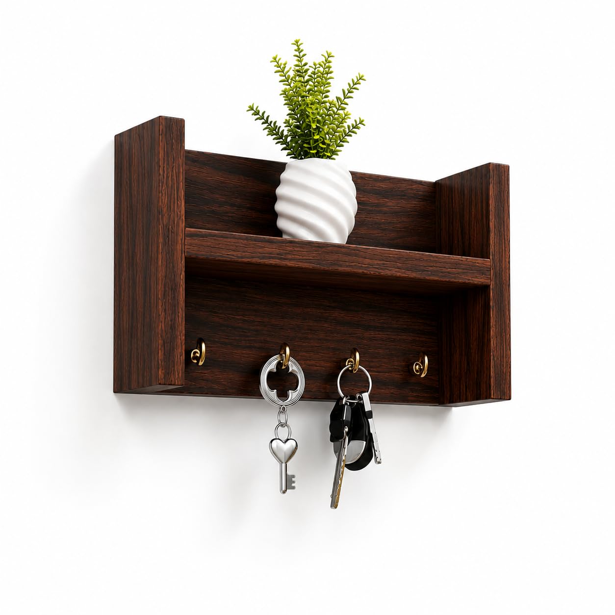 Dark Walnut Wooden Wall Mounted Key Holder Shelf with Decorative Storage Rack