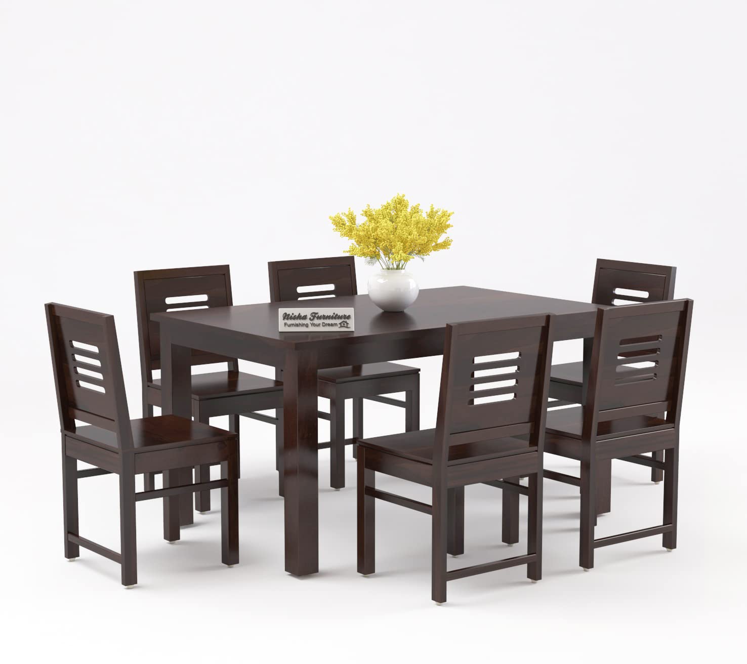 Nisha Furniture Solid Sheesham Wood 6 Seater Dining Table Set | Walnut