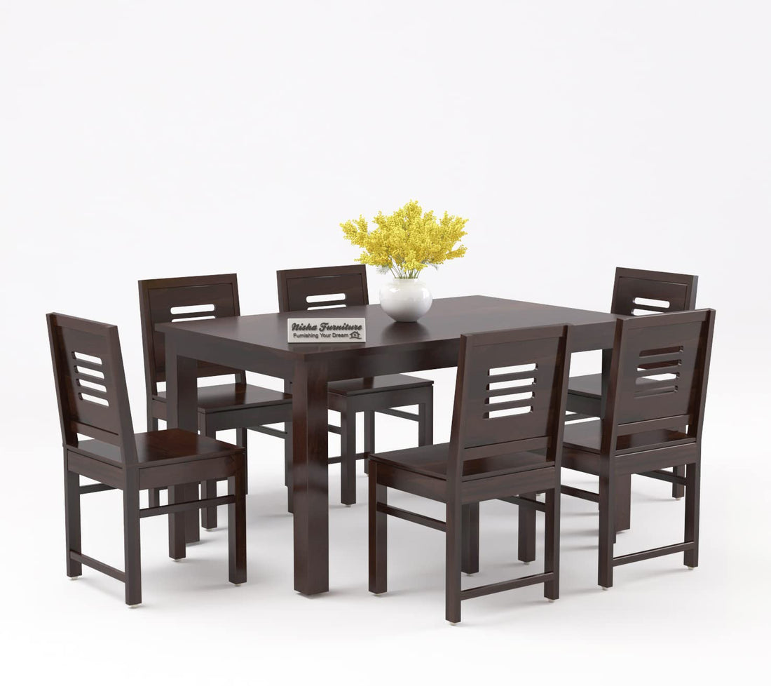 Nisha Furniture Solid Sheesham Wood 6 Seater Dining Table Set | Walnut