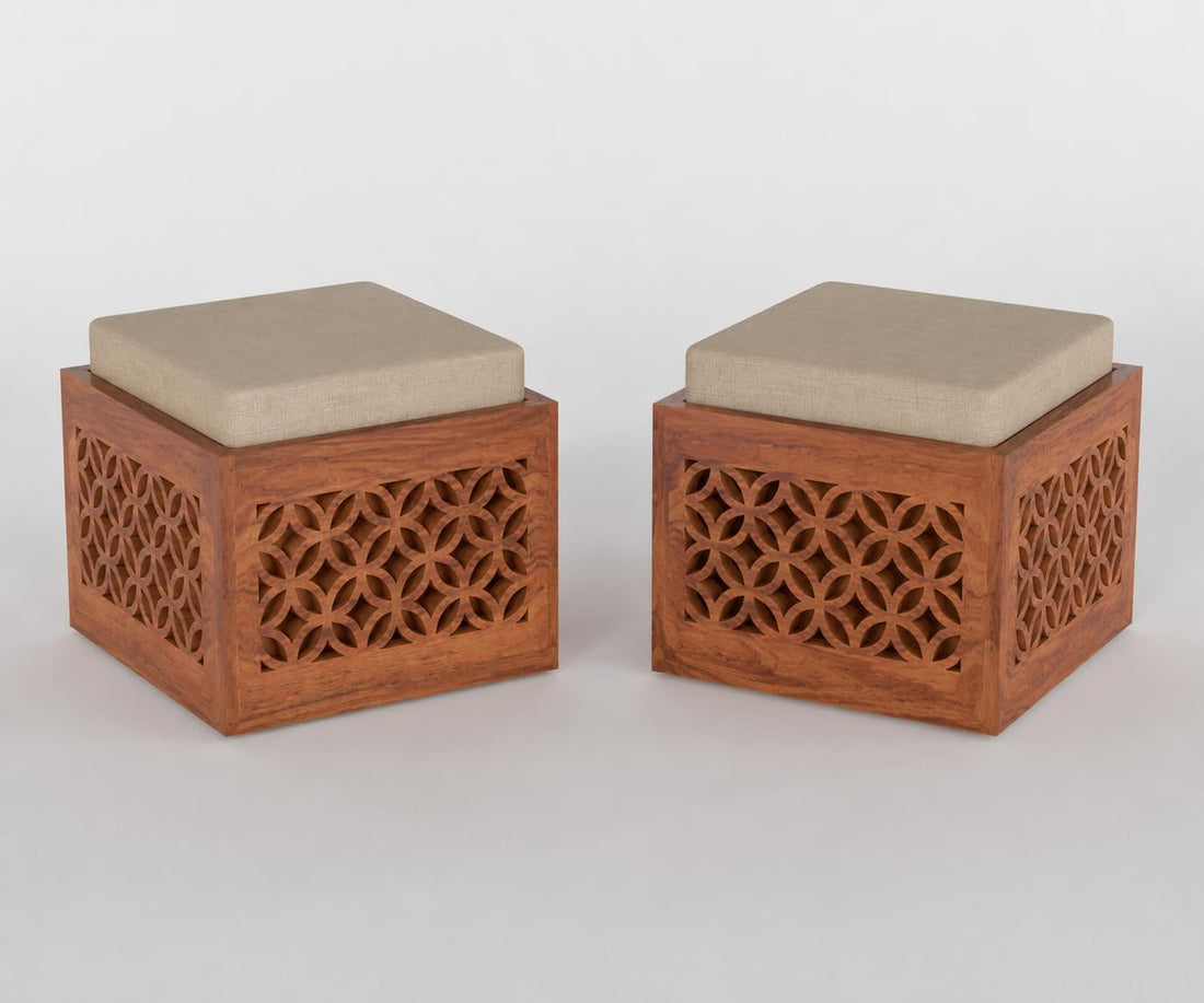 Sheesham Wood Carved Storage Ottoman Stool Set of 2 with Cushioned Seat for Living Room and Bedroom