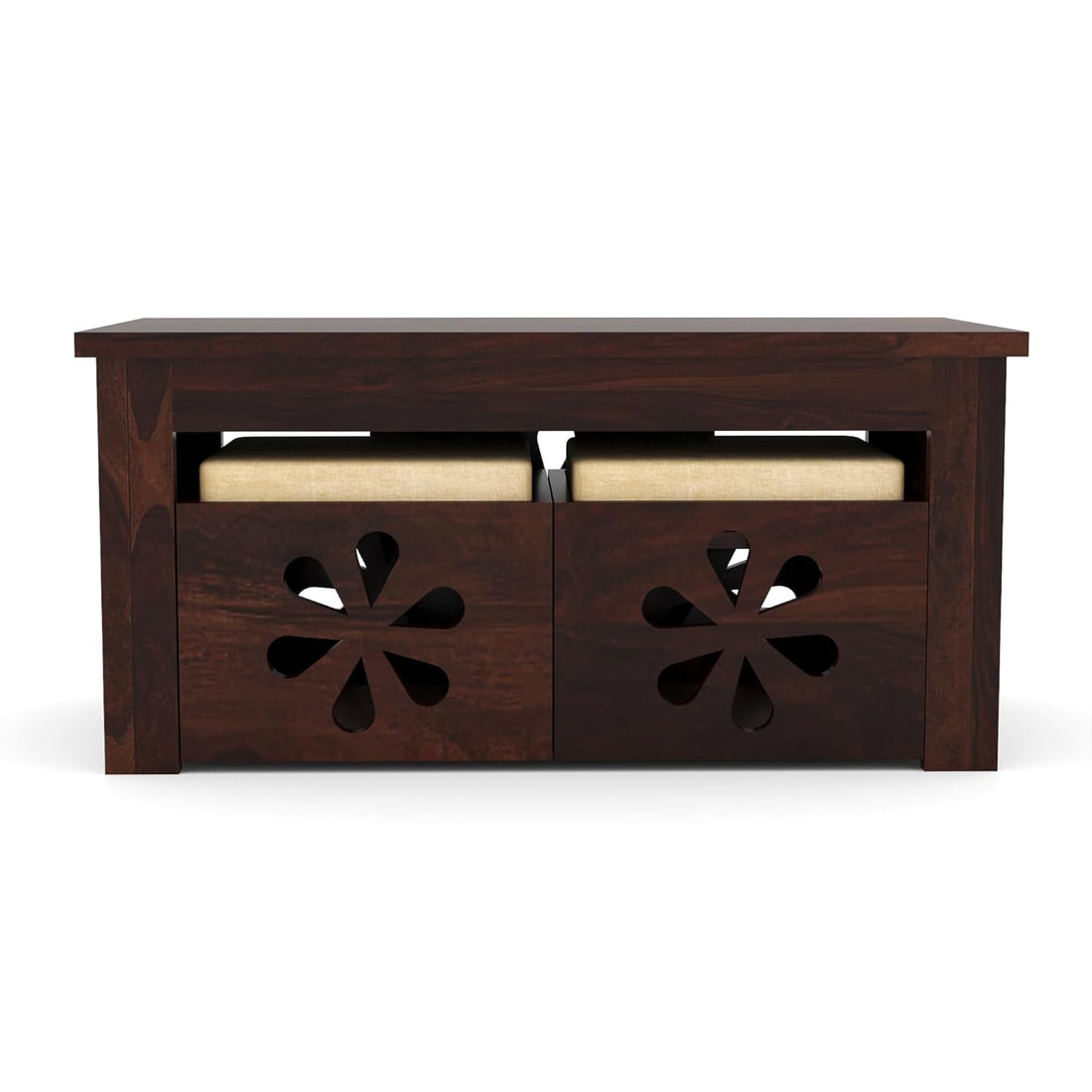 Nisha Furniture Sheesham Wood Coffee Table with 2 Cushioned Stools | Space-Saving Table