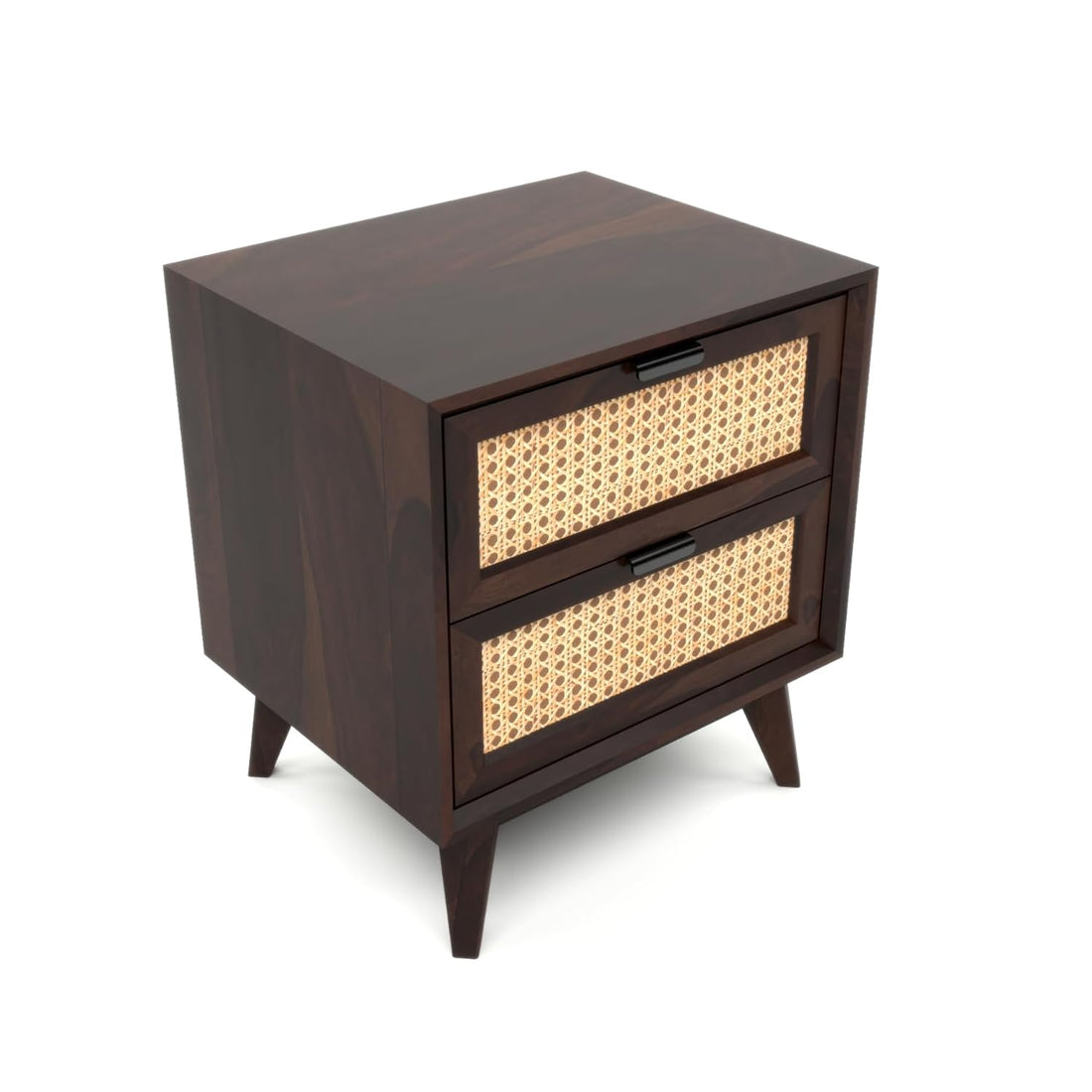 Solid Sheesham Wood Cane Bedside Table | Walnut Finish Wooden Nightstand with Storage