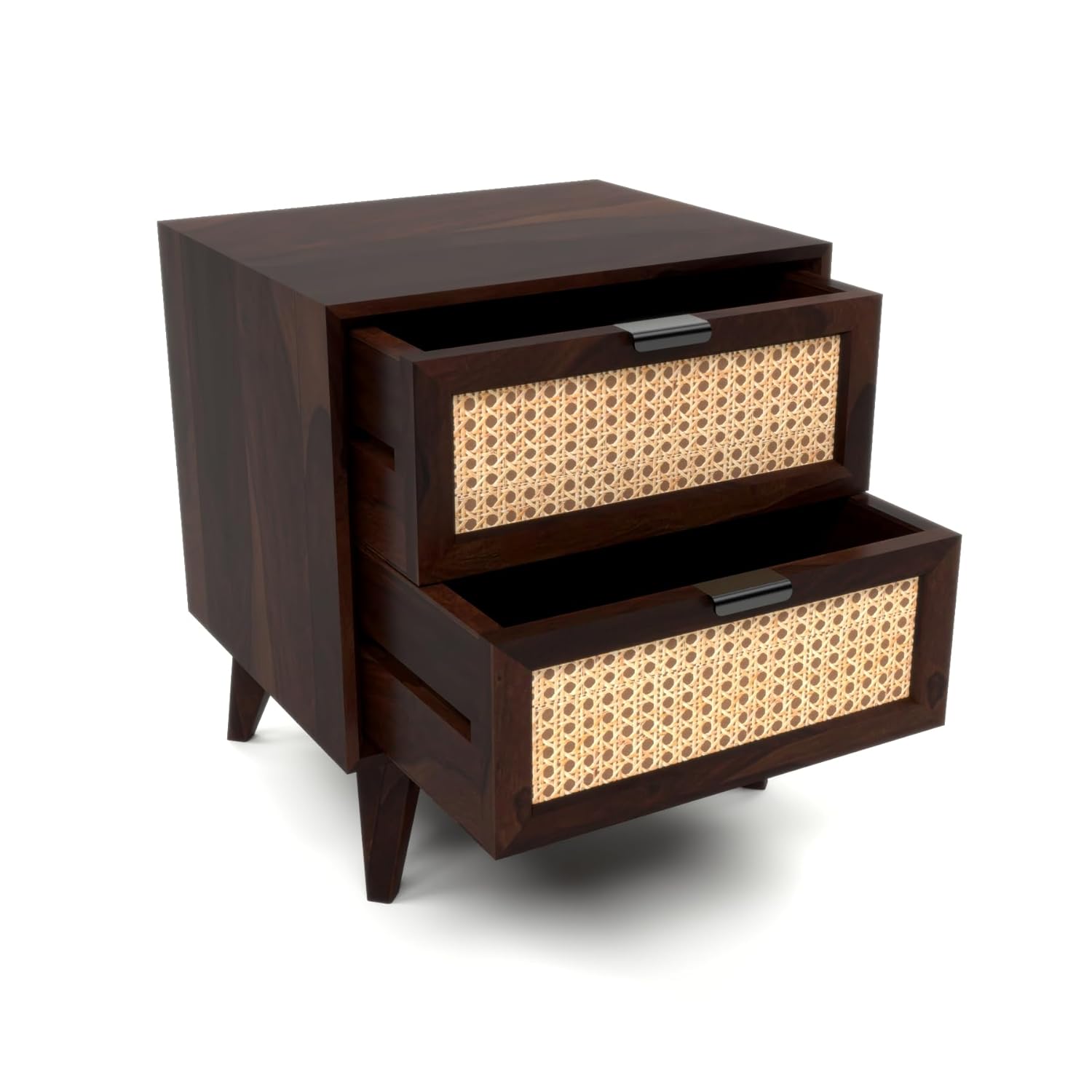 Solid Sheesham Wood Cane Bedside Table | Walnut Finish Wooden Nightstand with Storage