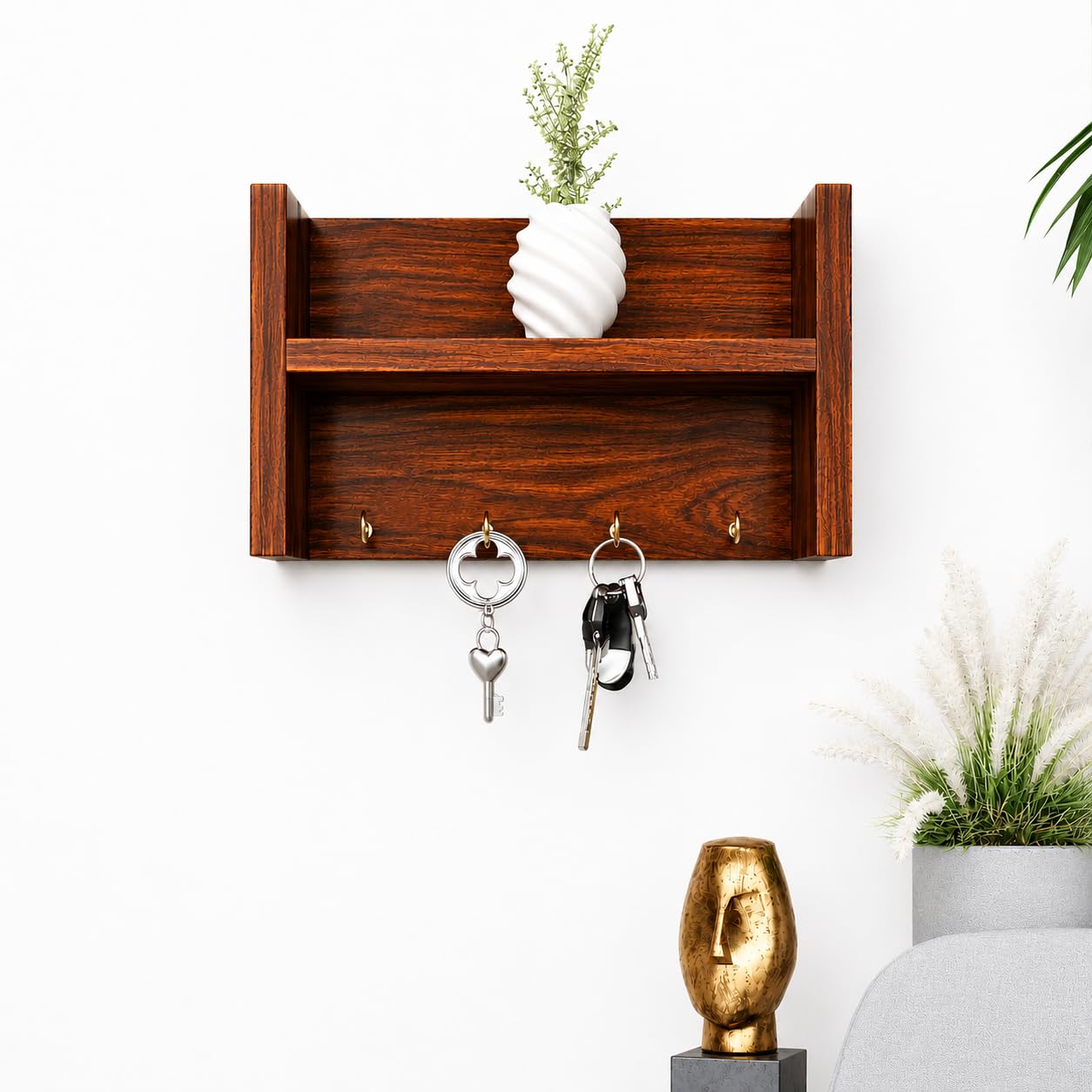 Modern Wooden Wall Mounted Key Holder Shelf with Decorative Storage Rack