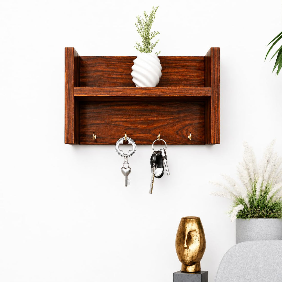 Modern Wooden Wall Mounted Key Holder Shelf with Decorative Storage Rack