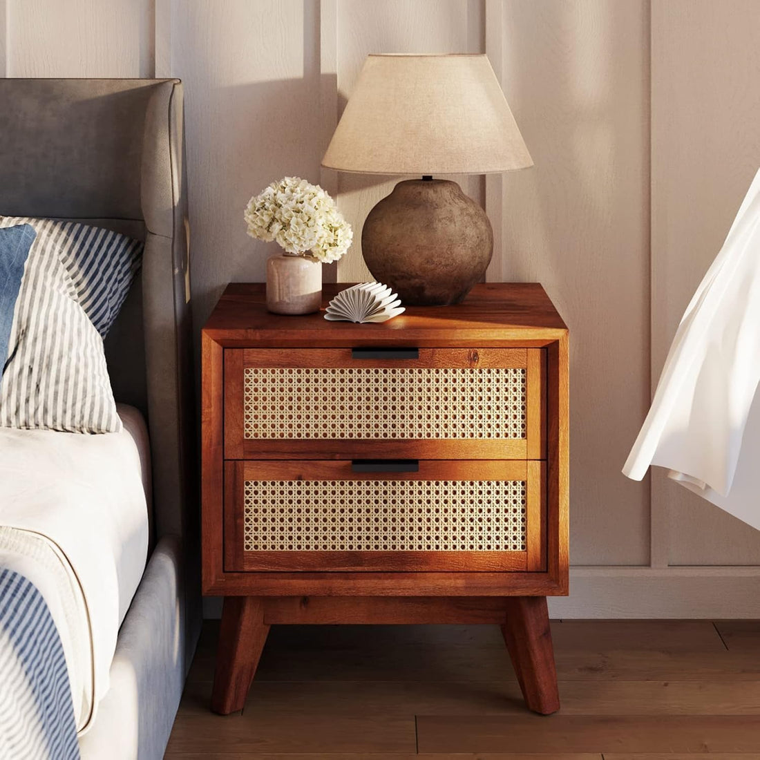 Modern Rattan Bedside Table with 2 Drawers