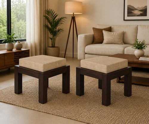 Modern Wooden Upholstered Ottoman Stool Set of 2 for Living Room and Bedroom