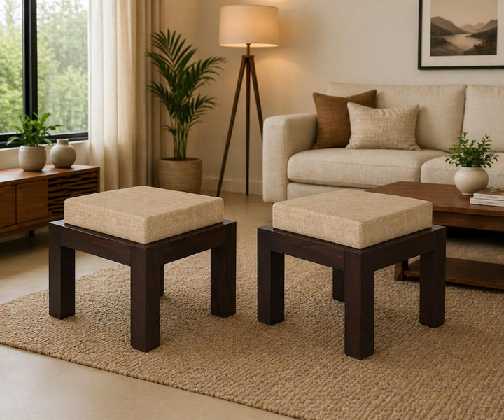Modern Wooden Upholstered Ottoman Stool Set of 2 for Living Room and Bedroom