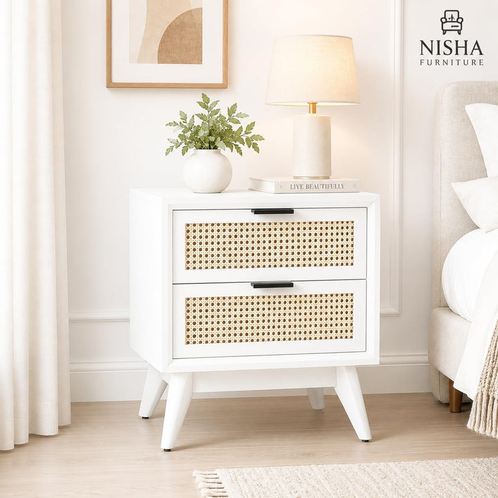 Nisha Furniture 2 Drawer White Cane Bedside Table
