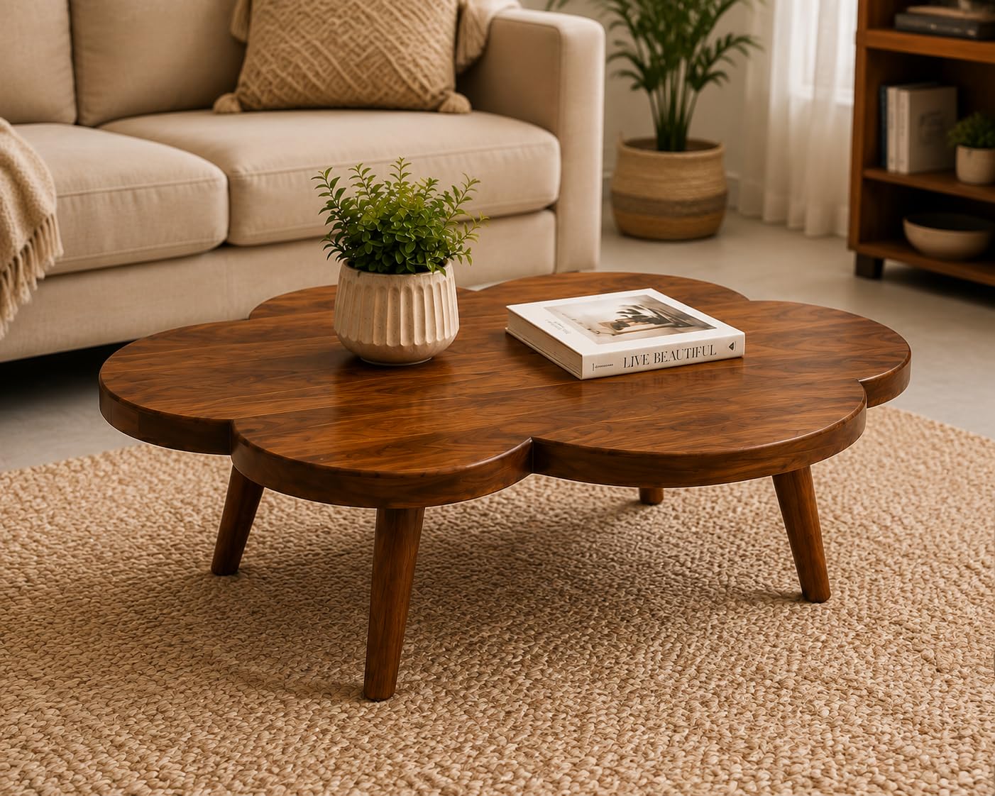 Solid Sheesham Wood Flower Shape Coffee Table – Modern Wooden Center Table for Living Room