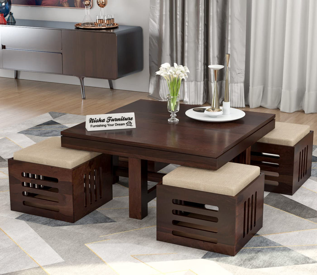 Dark Sheesham Wood Storage Ottoman Stool Set of 2 with Cushioned Seat for Living Room and Bedroom