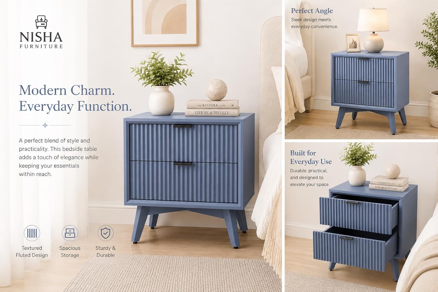 Modern Blue Fluted Bedside Table with 2 Drawers