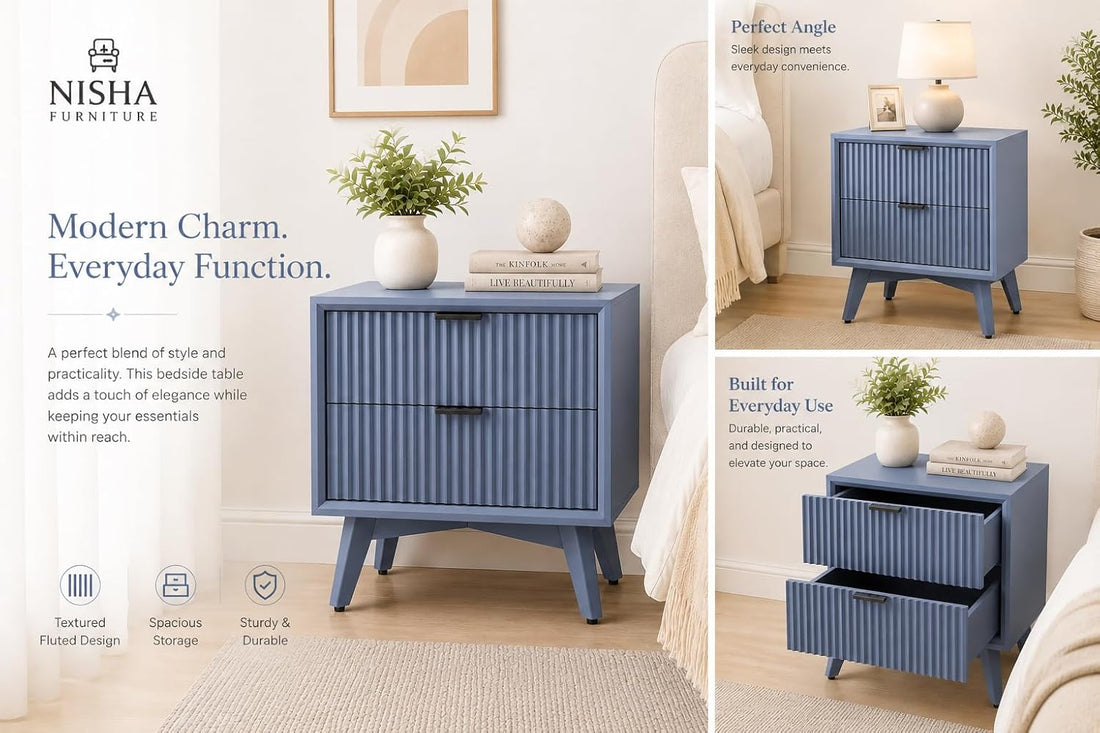 Modern Blue Fluted Bedside Table with 2 Drawers
