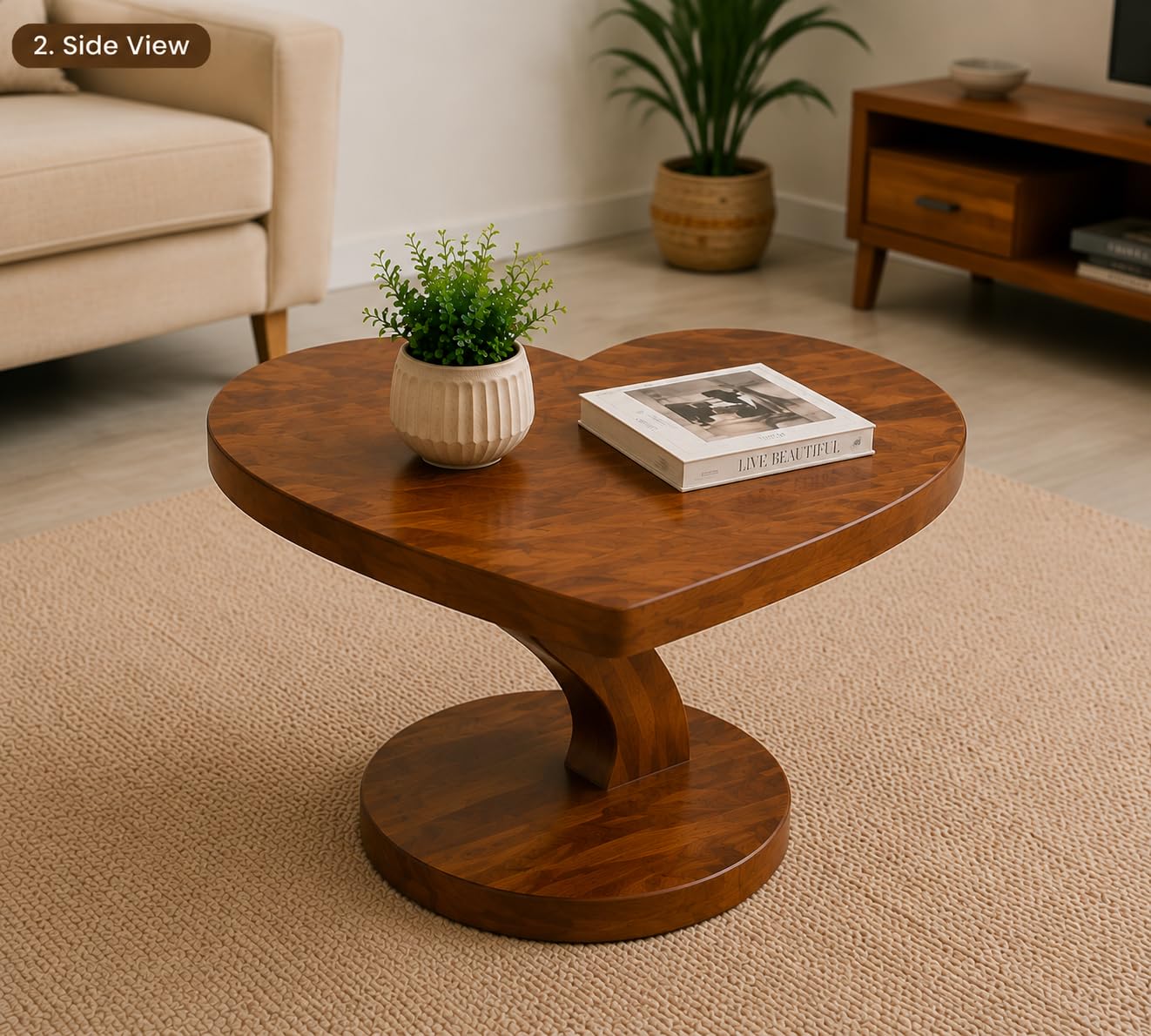 Solid Sheesham Wood Heart Shape Coffee Table with Round Pedestal Base for Living Room