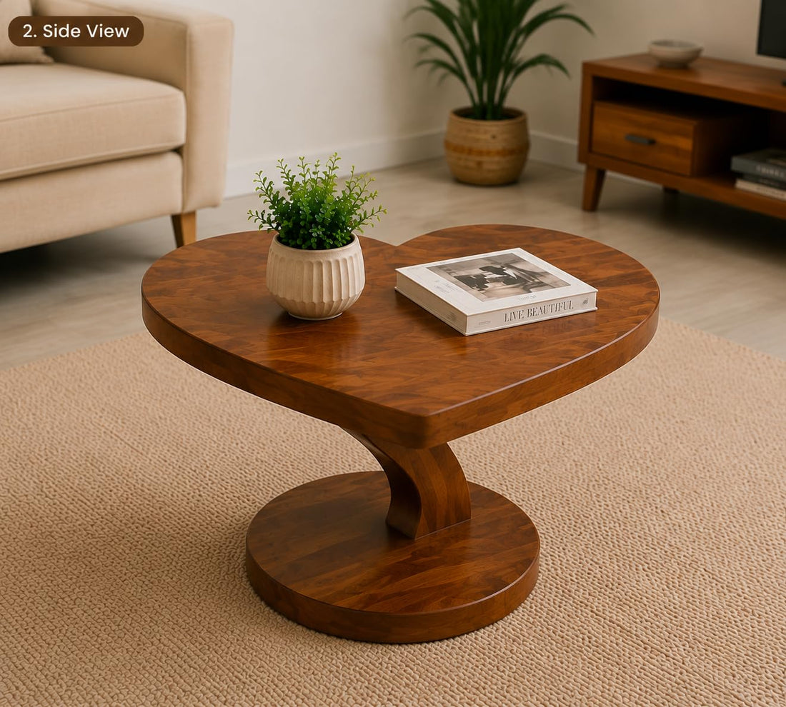 Solid Sheesham Wood Heart Shape Coffee Table with Round Pedestal Base for Living Room