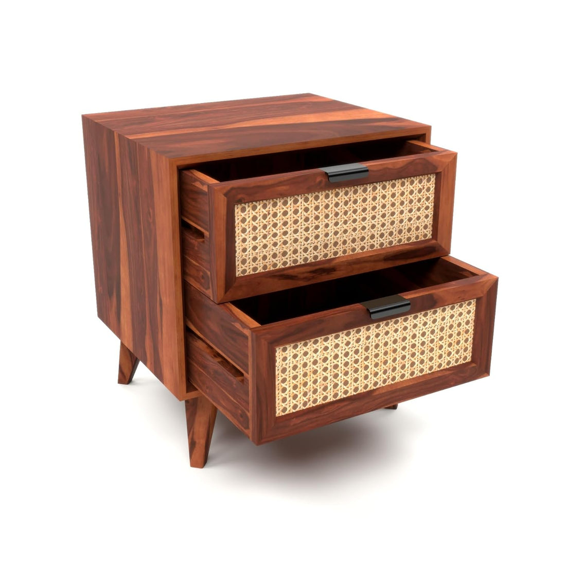 Solid Sheesham Wood Cane Bedside Table | Modern Wooden Nightstand with Storage