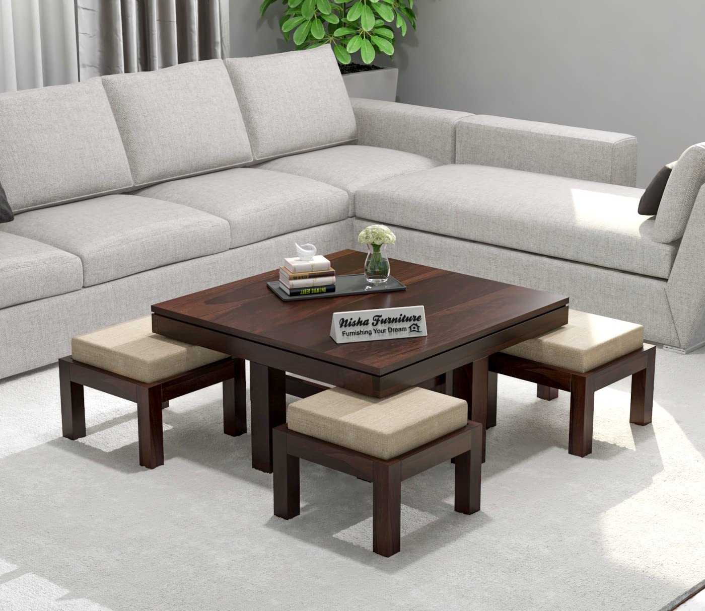 Nisha Furniture Wooden Coffee Table with 4 Cushioned Stools | Space Saving Center Table