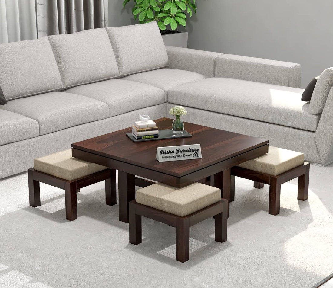 Nisha Furniture Wooden Coffee Table with 4 Cushioned Stools | Space Saving Center Table
