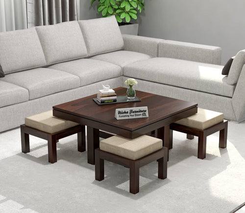 Nisha Furniture Wooden Coffee Table with 4 Cushioned Stools | Space Saving Center Table