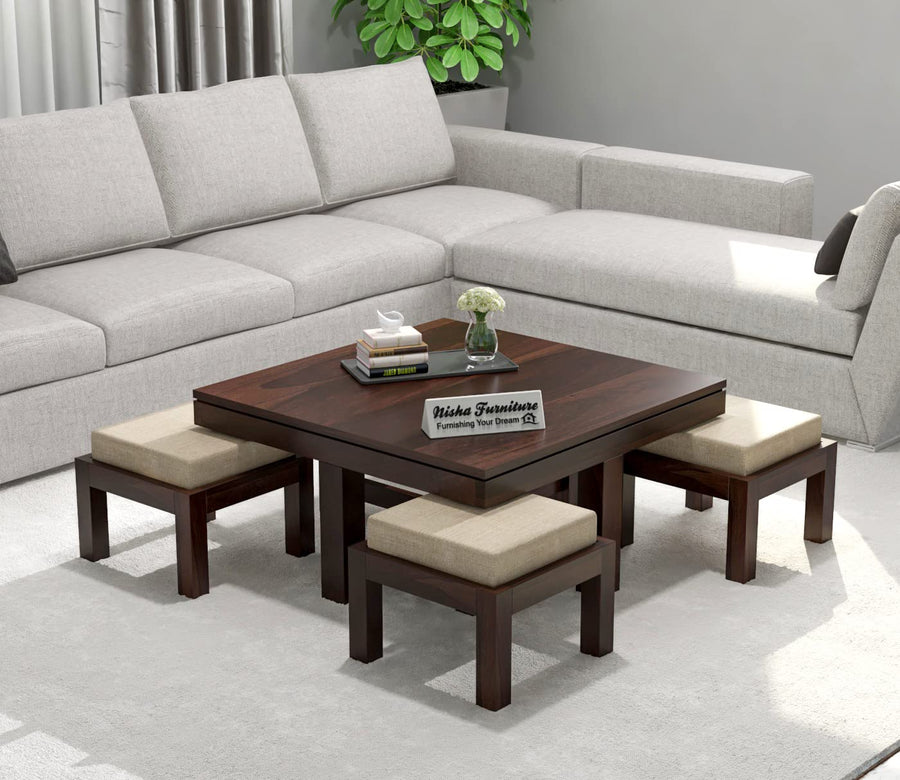 Wooden Coffee Table with 4 Cushioned Stools | Dark Walnut Finish