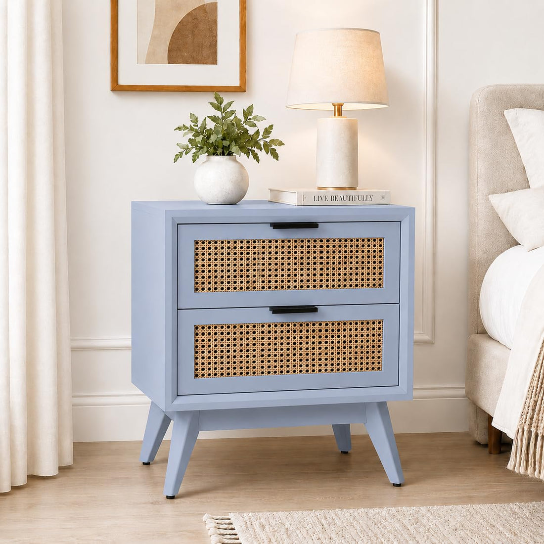 Modern Rattan Bedside Table with 2 Drawers