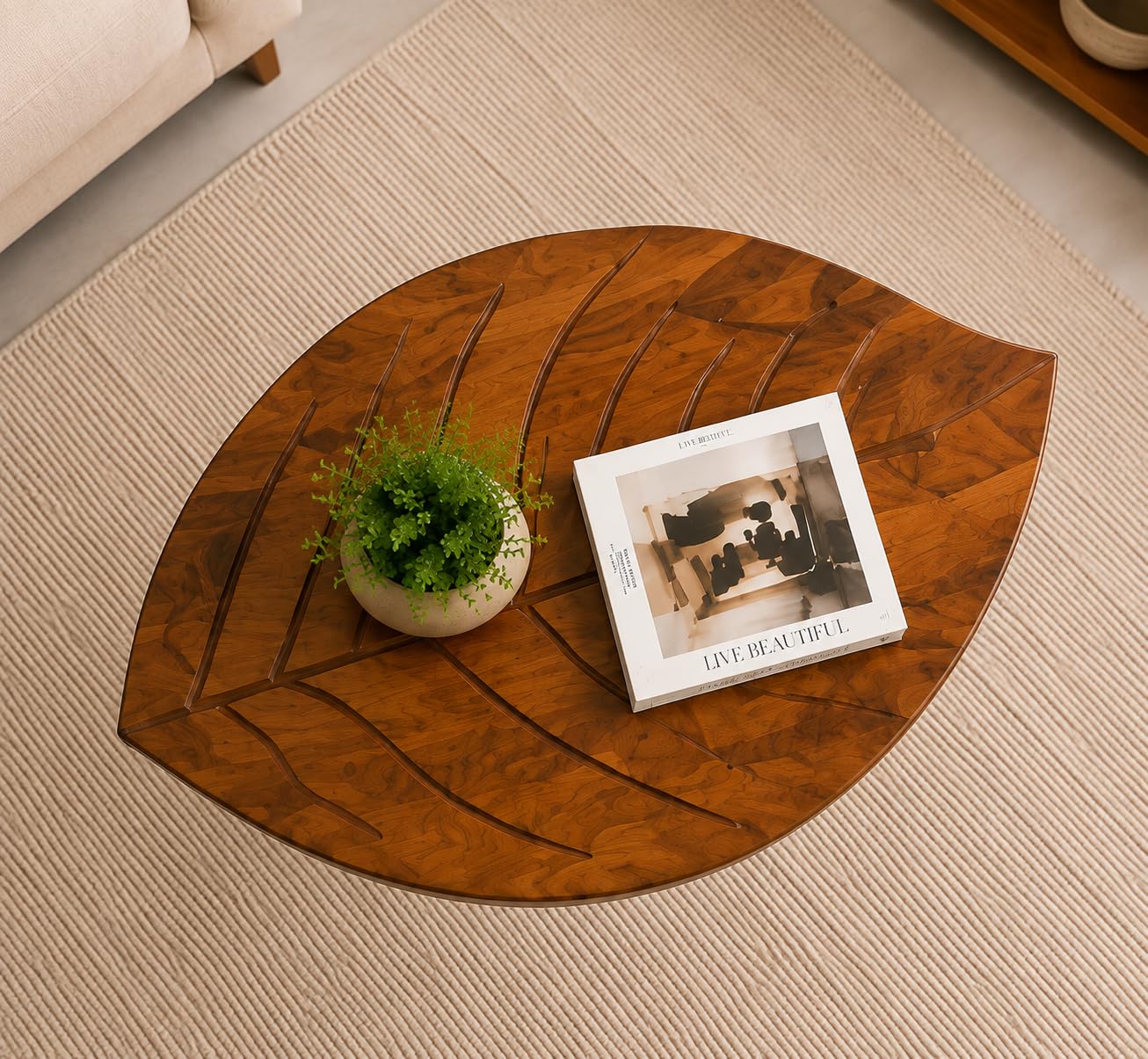 Solid Sheesham Wood Leaf Design Coffee Table – Modern Wooden Centre Table