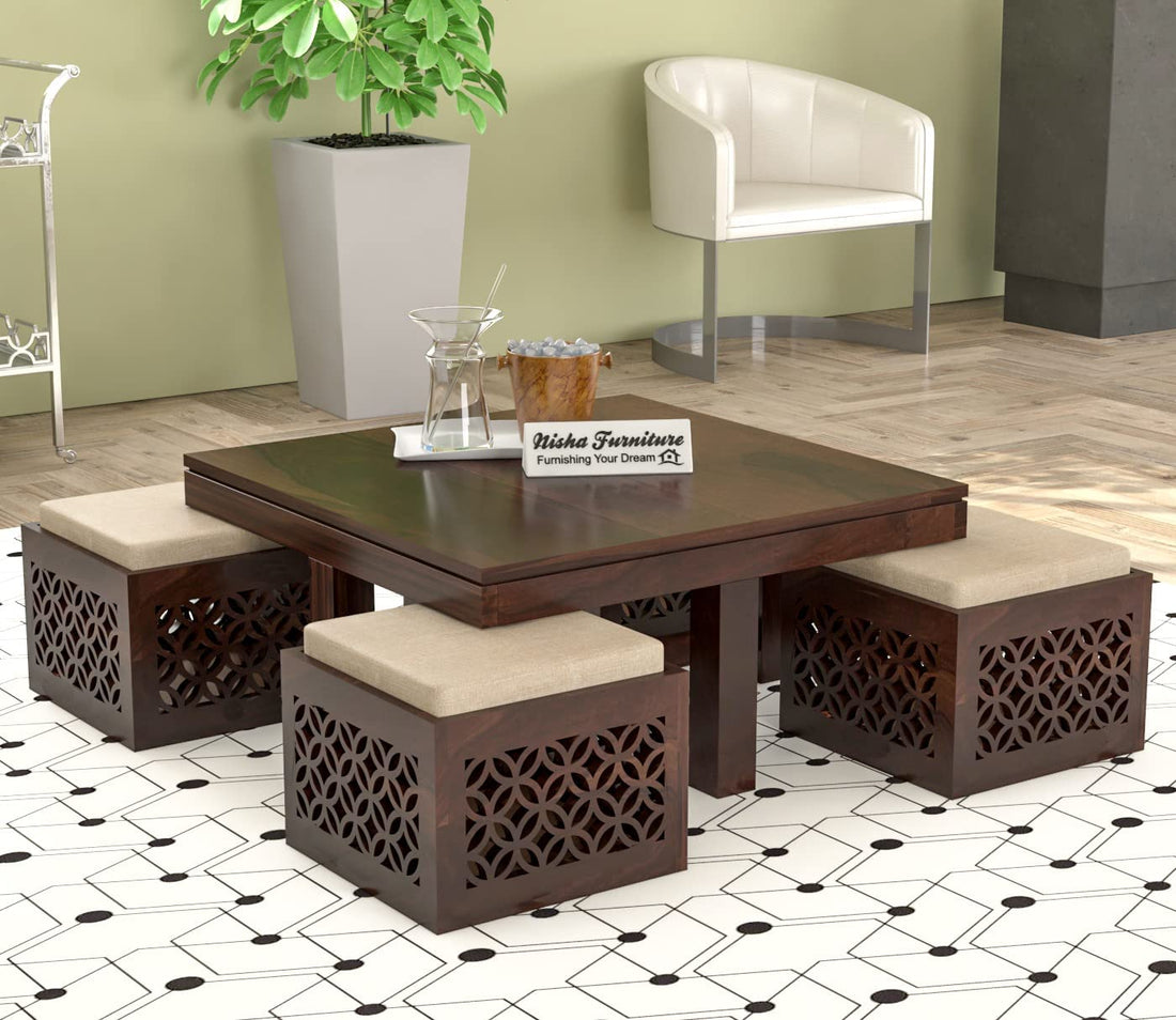 Dark Walnut Sheesham Wood Carved Storage Ottoman Stool Set of 2 with Cushioned Seat for Living Room and Bedroom