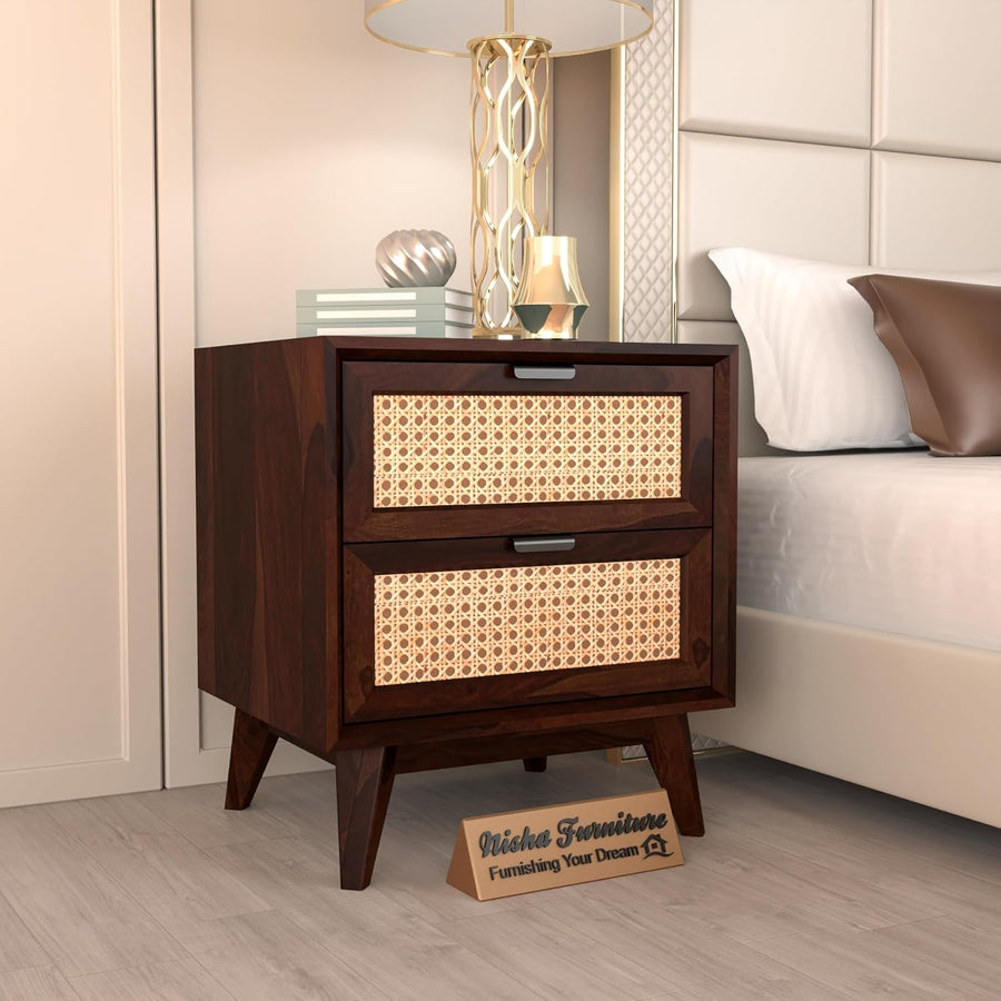 Solid Sheesham Wood Cane Bedside Table | Walnut Finish Wooden Nightstand with Storage