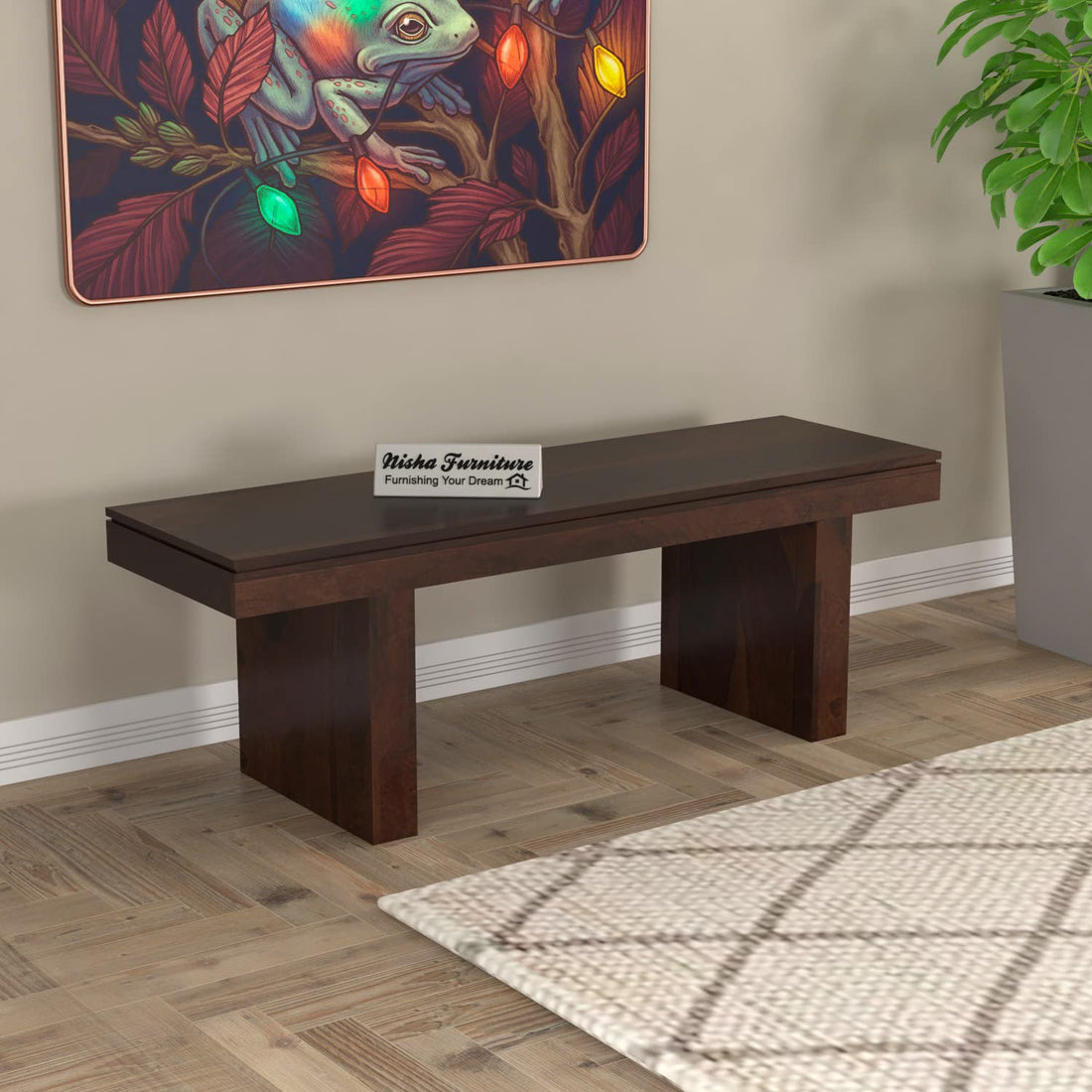 Nisha Furniture Solid Sheesham Wood Bench in Walnut Finish
