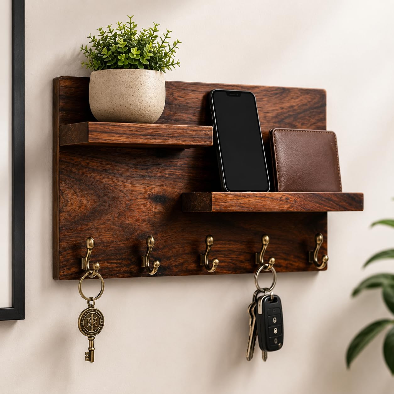 Modern Wooden Wall Mounted Key Holder Rack with Mobile & Wallet Shelf