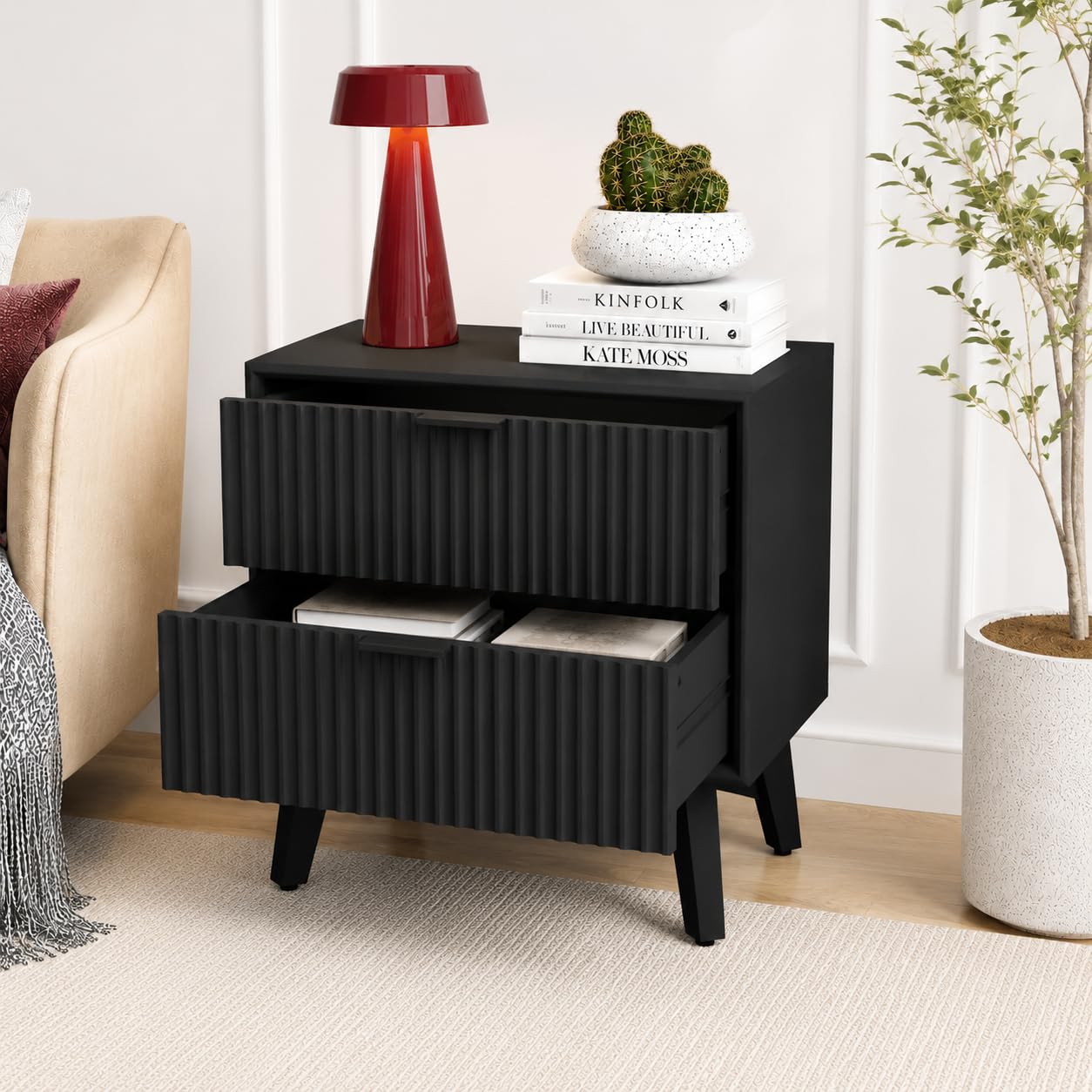 Modern Black Fluted Bedside Table with 2 Drawers