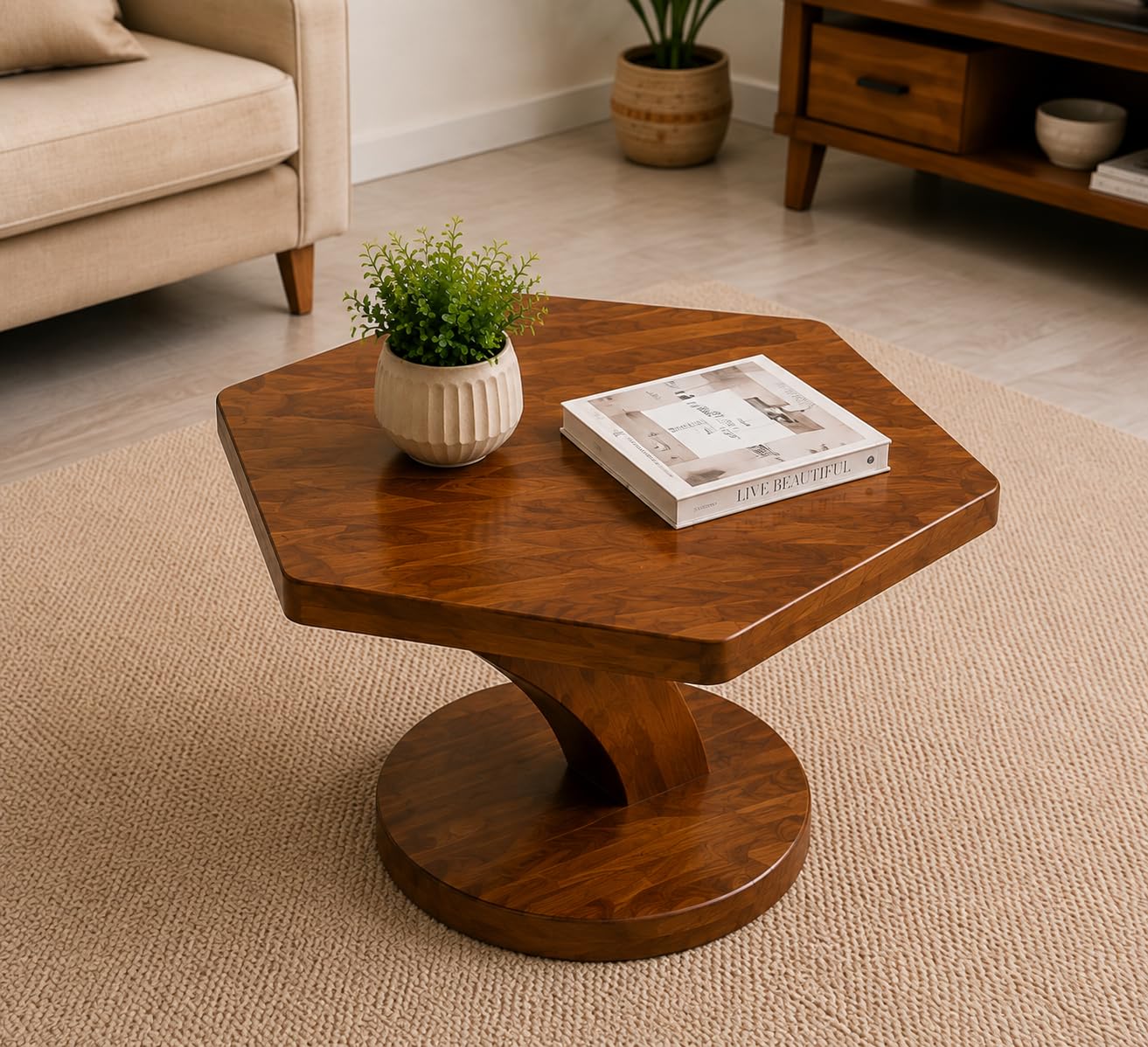 Solid Sheesham Wood Octagon Coffee Table – Modern Wooden Centre Table with Sculptural Pedestal Base