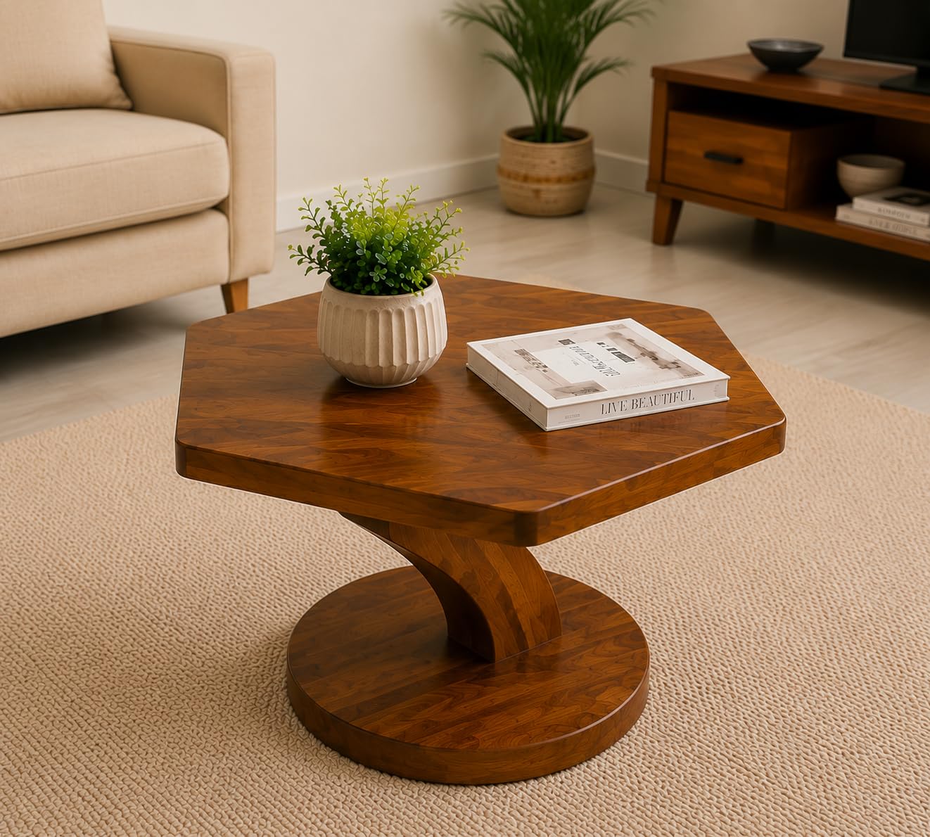 Solid Sheesham Wood Octagon Coffee Table – Modern Wooden Centre Table with Sculptural Pedestal Base