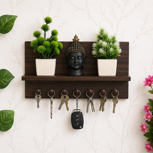 Wooden Wall Mounted Key Holder Shelf with Decorative Buddha & Plant Stand
