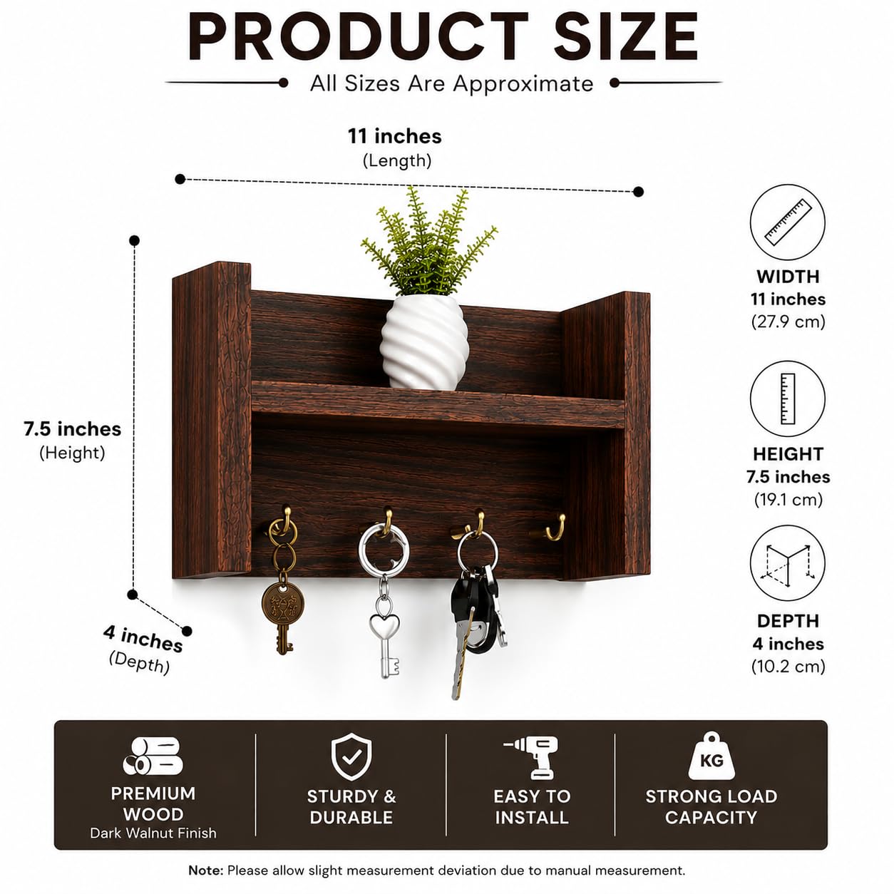 Dark Walnut Wooden Wall Mounted Key Holder Shelf with Decorative Storage Rack