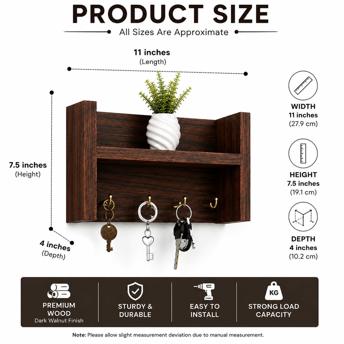 Dark Walnut Wooden Wall Mounted Key Holder Shelf with Decorative Storage Rack
