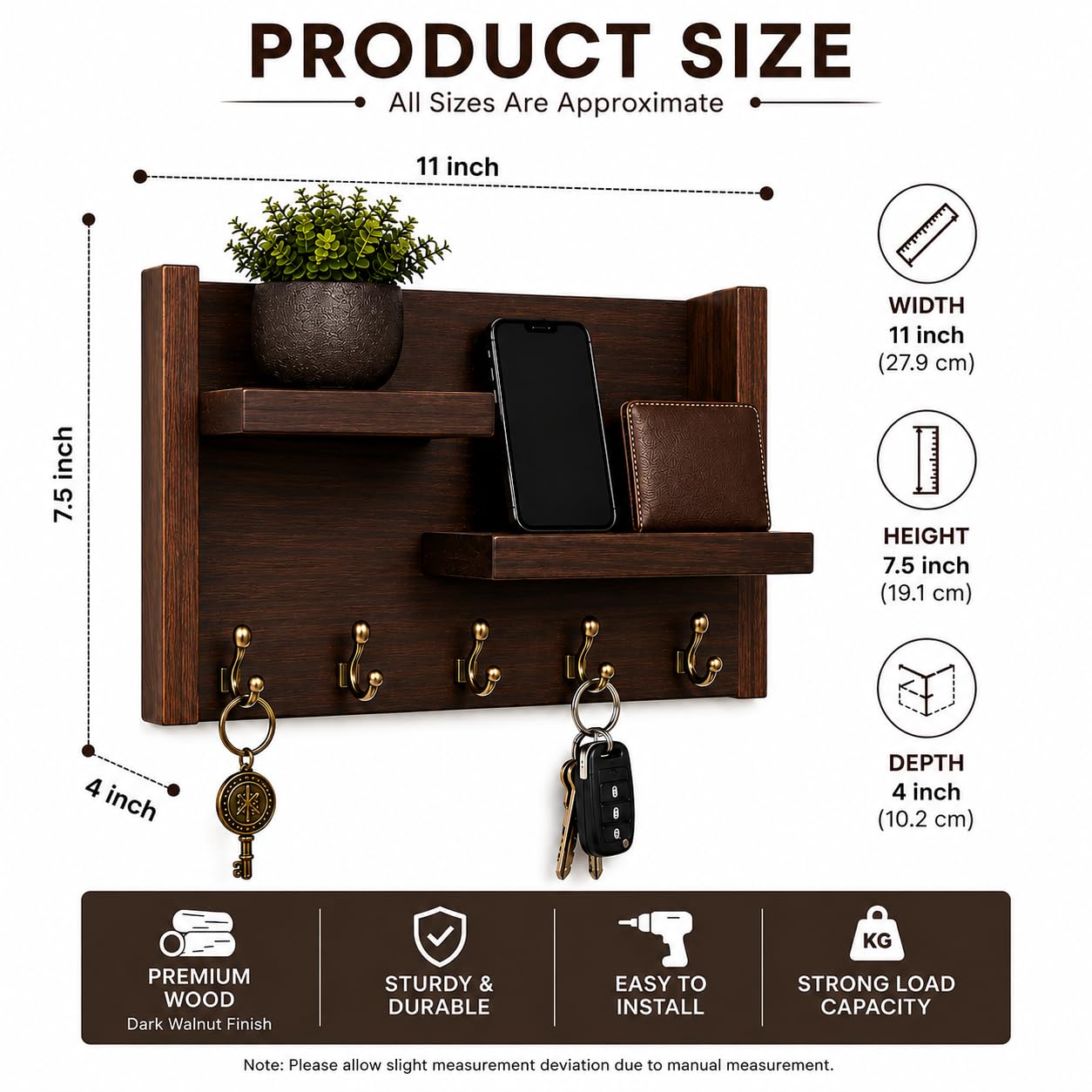 Wall Mounted Wooden Key Holder with Shelves and Hooks for Entryway, Living Room, and Office